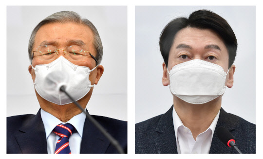 김종인 국민의힘 비상대책위원장(왼쪽)이 21일 국회에서 열린 비상대책위원회의에서 생각에 잠겨 있다. 안철수 국민의당 대표가 21일 국회에서 열린 최고위원회의에서 발언하고 있다. 연합뉴스